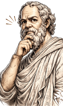 Hand-drawn illustration of Socrates in thought